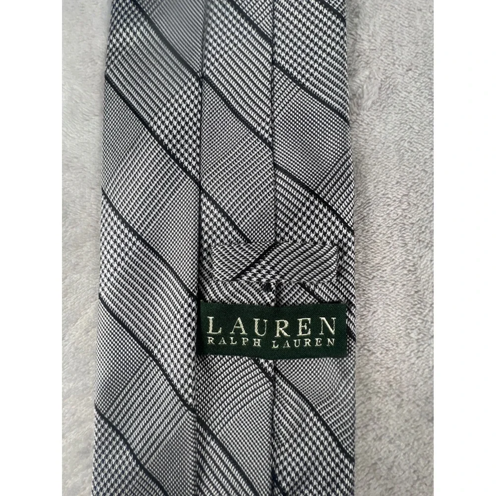 Lauren Ralph Lauren Mens Black White Glen Plaid Check Woven Silk Blend Tie